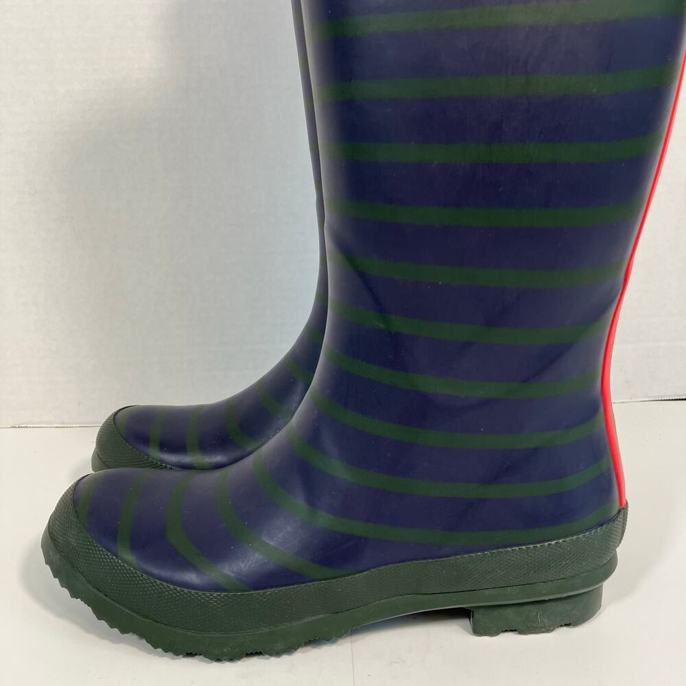 Joules Sz 7 Tall Welly Print Rain Boots Navy & Green Stripe Gold Buckle - Picture 3 of 16
